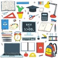 A set of design elements on the theme Back to school, online education. Collection of stationery and school supplies in Doodle Royalty Free Stock Photo