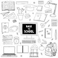 A set of design elements on the theme Back to school, online education. Collection of stationery and school supplies in Doodle Royalty Free Stock Photo
