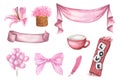Set of design elements for Valentine`s Day. Watercolor illustration Royalty Free Stock Photo