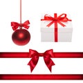 Set for design. Red Christmas ball, ribbon, bow, gift box Royalty Free Stock Photo