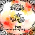Set of design style Happy Thanksgiving Day logotype, badge and icon on watercolor Royalty Free Stock Photo