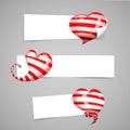 A set of design templates white horizontal banners, emblems, badges with the decor of red striped 3d hearts. Good for