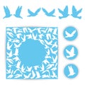 Set design wedding card. White doves on a blue background. Silhouette of bird. vector Royalty Free Stock Photo