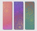 Set of design yoga mats. Floral pattern in oriental style for decoration sport equipment. Colorful ethnic Indian ornaments for