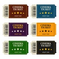 Set designed cinema tickets top view isolated on white background. Colorful tickets for movie and film Royalty Free Stock Photo