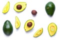 Set for designer from avocado pieces. Collection whole and half avocados and avocadoÃ¢â¬â¢s seeds for design isolated on white Royalty Free Stock Photo