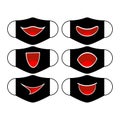 Set of designs of reusable mouth funny masks with smile on faces in vector. Black face protection masks with prints.