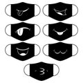 Set of designs of reusable mouth funny masks with smile on faces in vector. Black face protection masks with simple prints.