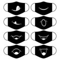 Set of designs of reusable mouth funny masks with smile on faces in vector. Black face protection masks with simple prints.