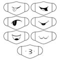 Set of designs of reusable mouth funny masks with smile on faces in vector. White face protection masks with simple prints.