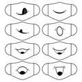 Set of designs of reusable mouth funny masks with smile on faces in vector. White face protection masks with simple prints.