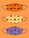 Set of designs reusable mouth kids funny face masks with halloween seamless pattern with bat, pumpkin and witch hat