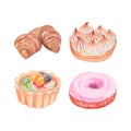 Set of dessert illustration clip arts. Shortbread dough basket cake with sweet cream and fruits, croissant, doughnut