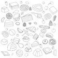 Set of desserts.Cakes, sweet rolls and pies, biscuits and berries.hand drawn vector illustration.doodles cartoon style.