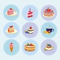 Set of desserts sweets, pastry, chocolate, cake, cupcake, ice cream, vector illustration