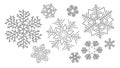 Set of detailed black snowflake icons isolated on white background