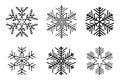 Set of detailed black snowflake icons isolated on white background