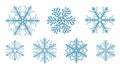 Set of detailed blue snowflake icons isolated on white background