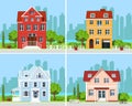 Set of detailed colorful modern cottage houses with trees and city background. Graphic buildings. Vector illustration. Royalty Free Stock Photo