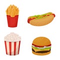 Set of detailed fast food. Collection of French fries, popcorn, hotdog, burger isolated on white background