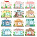 Set of detailed flat design city facade buildings. Restaurants and shops facade icons