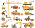 Set of detailed heavy construction and mining machines in flat style on the white background. Building machinery