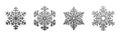 Set of detailed shiny black snowflake icons with glittering effect