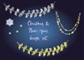 Set of detailed tinsel isolated on dark blue background. Gold and silver christmas decoration. Royalty Free Stock Photo