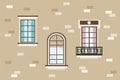 A set of detailed various colorful windows with frames and curtains. The architecture of the house with window sills