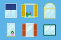 Set of detailed various colorful windows with windowsills, curtains, flowers, balconies. Flat style vector illustration Royalty Free Stock Photo