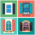 Set of detailed various colorful windows with windowsills, shutters, curtains, and flowerspot Vector illustration