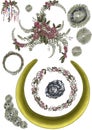 Round frames with flowers, leaves, jewelry details and embroideries