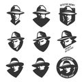 Set of detective agency emblems with abstract men heads in hats. Vintage vector illustration. Royalty Free Stock Photo