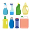 Set of detergent bottles or containers, cleaning supplies, washing powder icon. Vector illustration isolated on white