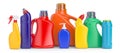 Set of detergent plastic bottles with chemical cleaning product on white background