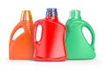 Set of detergent plastic bottles with chemical cleaning product on white background