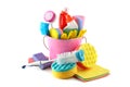 Set detergents in bucket gloves, brushes, sponge, napkins isol