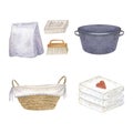 A set of detergents - soap, washing powder, a cleaning brush, a wicker basket, a blue basin and a stack of white towels