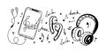 A set of devices for listening to music, hand-drawn in doodle-sketch style. Smartphone with headphones, large DJ Royalty Free Stock Photo