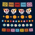 Set of Dia de los Muertos, Mexican Day of the Dead garlands with lights, bunting flags, papel picado, marigold and Royalty Free Stock Photo