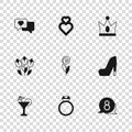 Set Diamond engagement ring, Woman shoe, 8 March speech bubble, Flower, King crown, Heart, and tulip icon. Vector Royalty Free Stock Photo