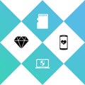 Set Diamond, Laptop with shield, Micro SD memory card and Smartphone heart rate icon. Vector