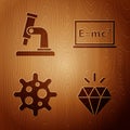 Set Diamond, Microscope, Virus and Equation solution on wooden background. Vector Royalty Free Stock Photo