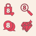 Set Diamond, Shopping bag with heart, Search 8 March and 8 March in speech bubble icon. Vector
