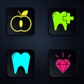 Set Diamond teeth, Apple, Tooth and Dental clinic for dental care tooth. Black square button. Vector Royalty Free Stock Photo