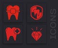 Set Diamond teeth, Teeth with braces, Dental protection and Tooth icon. Vector Royalty Free Stock Photo