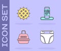 Set Diaper for dog, Tennis ball, Pet carry case and Cat scratching post icon. Vector Royalty Free Stock Photo