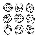 Set with dice for board game drawn by black outline in doodle style.