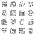 Set of diet line icons. overweight, slim, plan, workout, icon set, gym, vitamin, fit, fitness, outline, weight