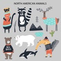 Set of diferent cartoon North American animals. Cute handdrawn kids clip art collection. Vector illustration Royalty Free Stock Photo